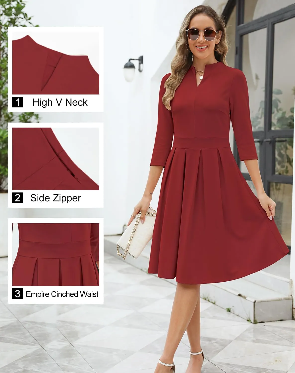 Zattcas Women 2025 Spring Summer Midi Dress Vneck 3/4 Sleeve Business Casual Work Teacher Church Knit Pleated A Line Dresses