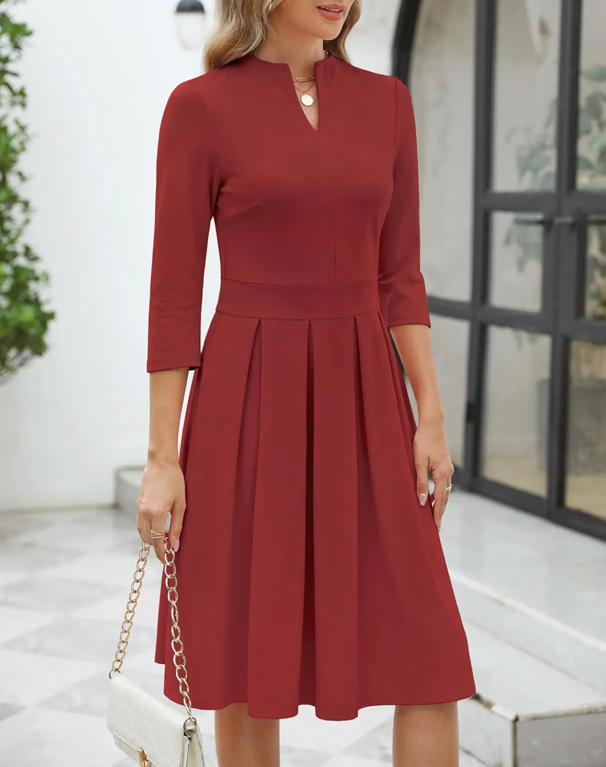 Zattcas Women 2025 Spring Summer Midi Dress Vneck 3/4 Sleeve Business Casual Work Teacher Church Knit Pleated A Line Dresses