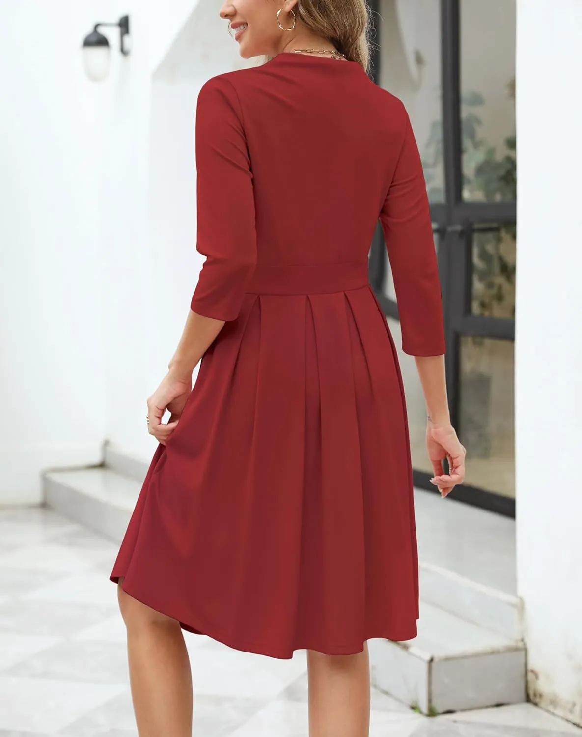 Zattcas Women 2025 Spring Summer Midi Dress Vneck 3/4 Sleeve Business Casual Work Teacher Church Knit Pleated A Line Dresses