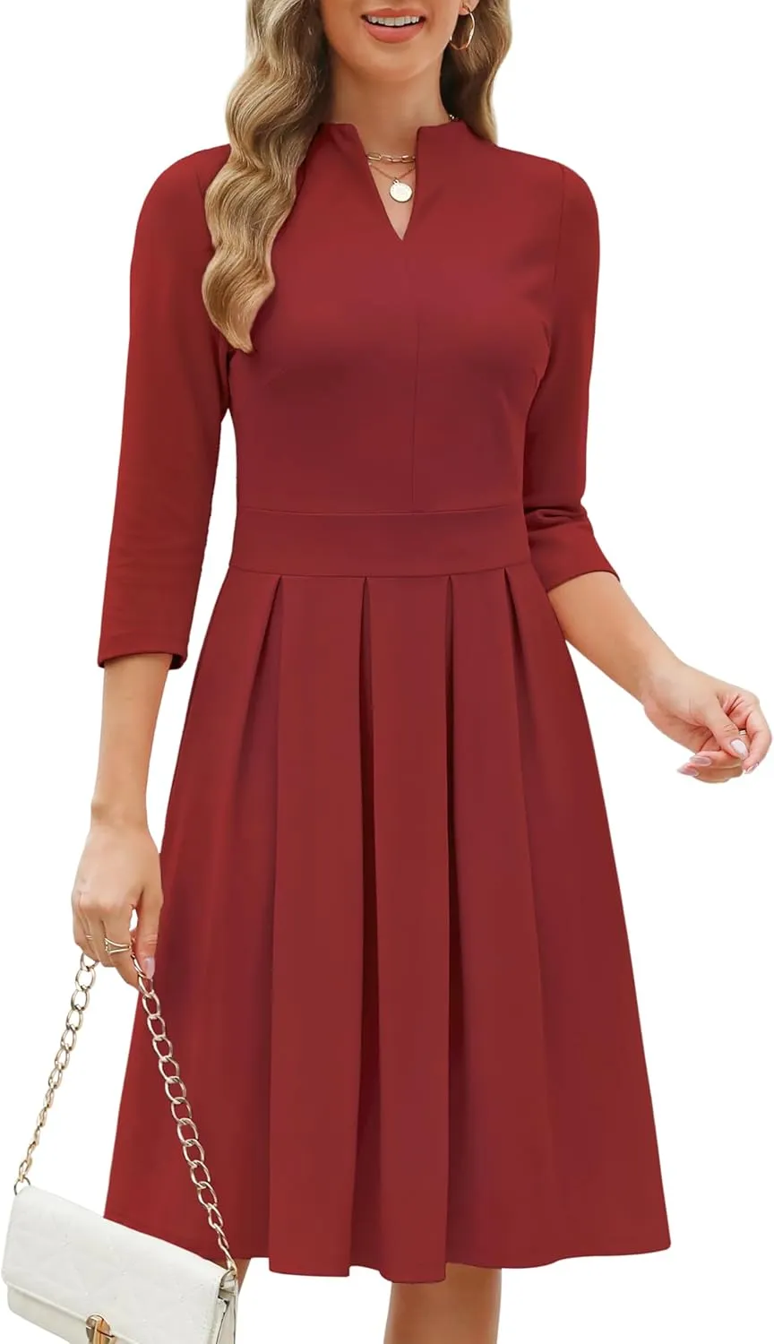 Zattcas Women 2025 Spring Summer Midi Dress Vneck 3/4 Sleeve Business Casual Work Teacher Church Knit Pleated A Line Dresses